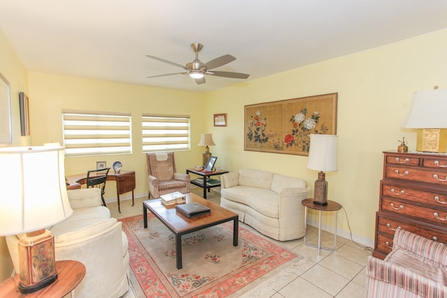 living room with light tile patterned flooring and ceiling fan