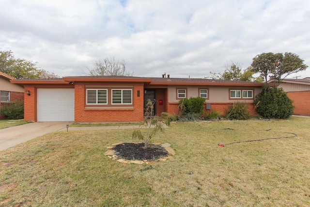 ranch-style home with a garage, driveway, brick siding, and a front lawn