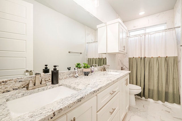 bathroom with vanity, curtained shower, and toilet