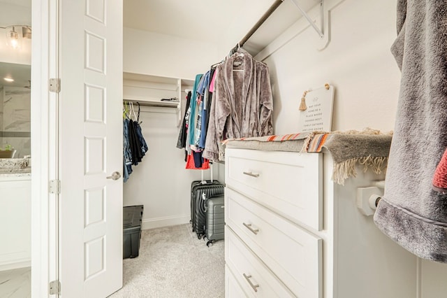 walk in closet with light colored carpet