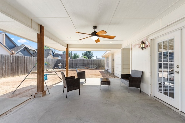 view of patio / terrace with a ceiling fan and a fenced backyard