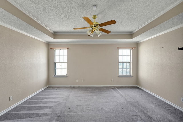 carpeted empty room with a textured wall, a raised ceiling, and crown molding