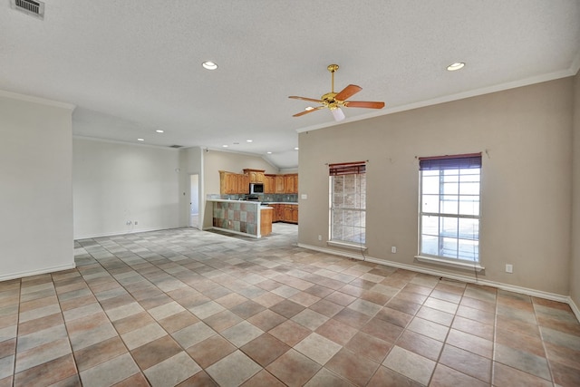 unfurnished living room featuring light tile patterned floors, a textured ceiling, visible vents, baseboards, and ornamental molding