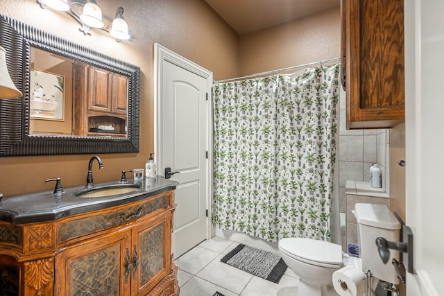 full bathroom with tile patterned flooring, vanity, toilet, and shower / bathtub combination with curtain