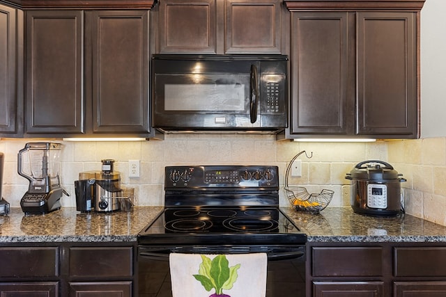 kitchen with black appliances, dark stone countertops, dark brown cabinetry, and backsplash