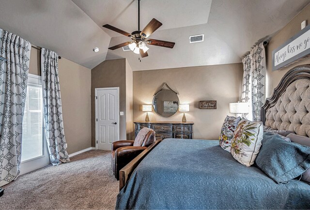 bedroom featuring carpet, vaulted ceiling, and ceiling fan