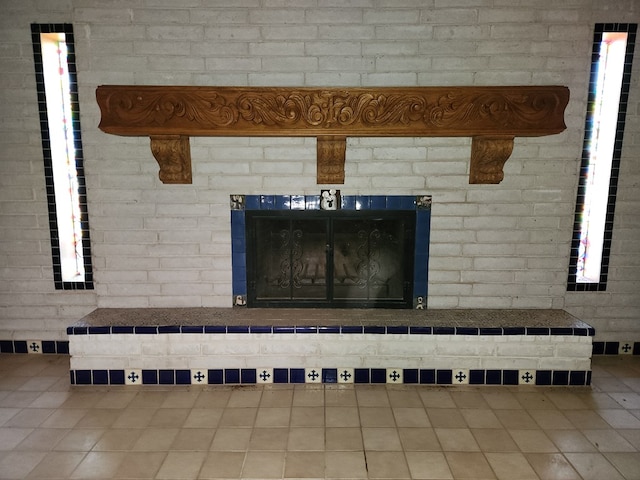 interior details featuring a fireplace