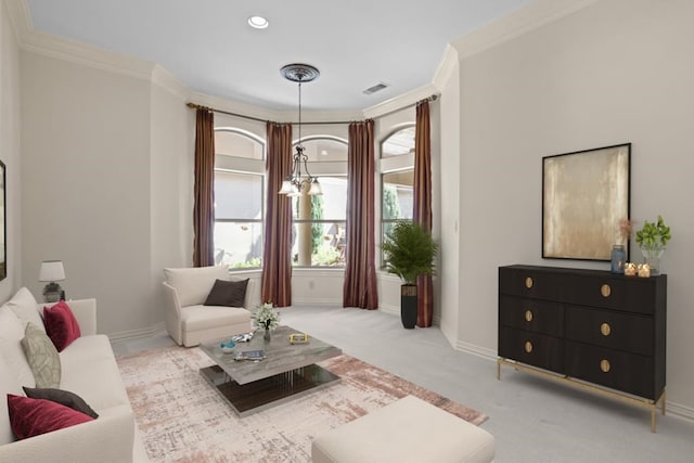 living area featuring crown molding, a notable chandelier, visible vents, light carpet, and baseboards