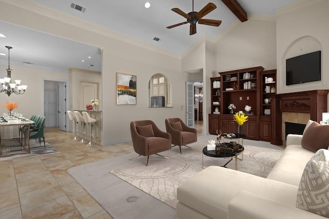 living area with beam ceiling, visible vents, ornamental molding, high vaulted ceiling, and ceiling fan with notable chandelier