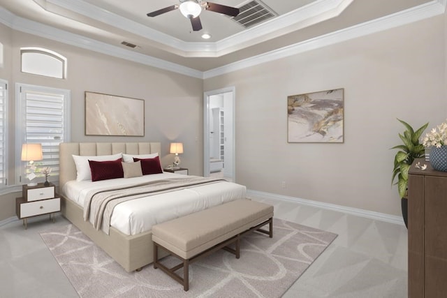 bedroom with light carpet, baseboards, visible vents, a raised ceiling, and crown molding