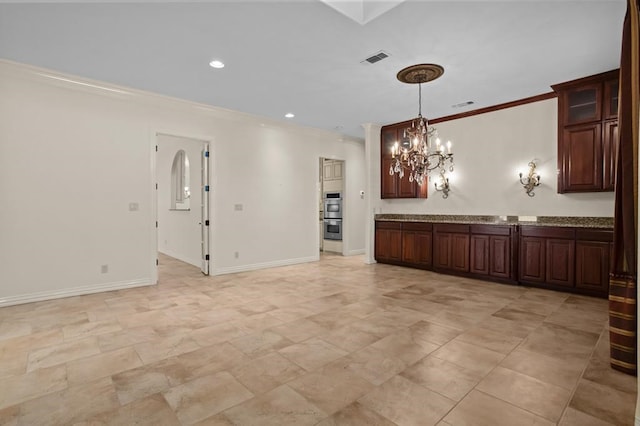 spare room featuring recessed lighting, visible vents, ornamental molding, a chandelier, and baseboards