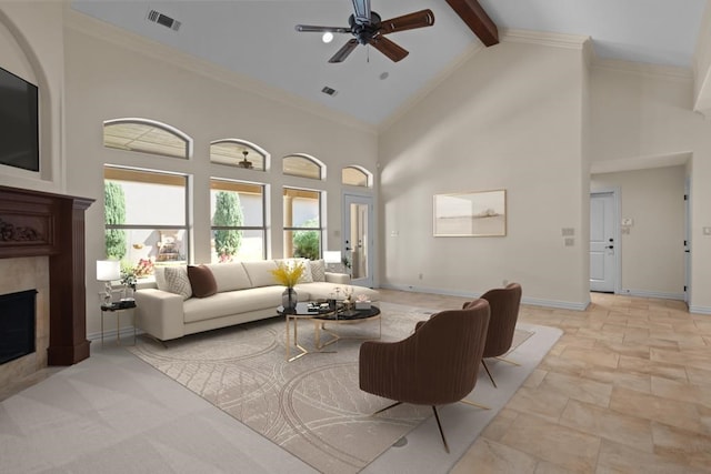 living area featuring beam ceiling, visible vents, a tiled fireplace, high vaulted ceiling, and baseboards