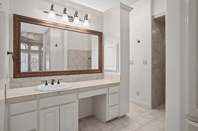 full bath featuring a walk in shower, ornamental molding, vanity, and tile patterned floors