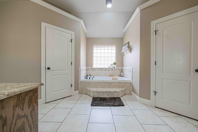 bathroom with tile patterned flooring, lofted ceiling, crown molding, and tiled tub