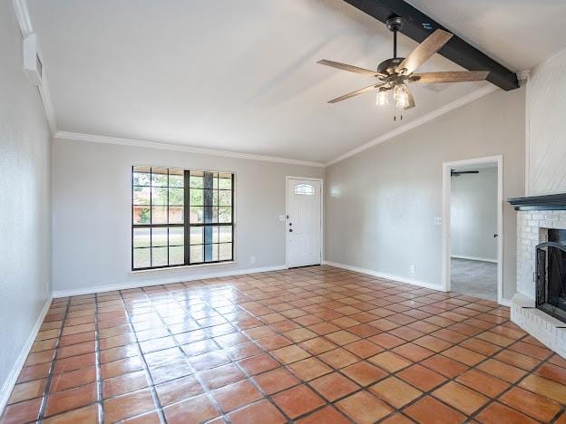 10807 E County Rd 104, Midland, TX 79706 - unfurnished living room with a fireplace, ceiling fan, tile patterned flooring, and ornamental molding