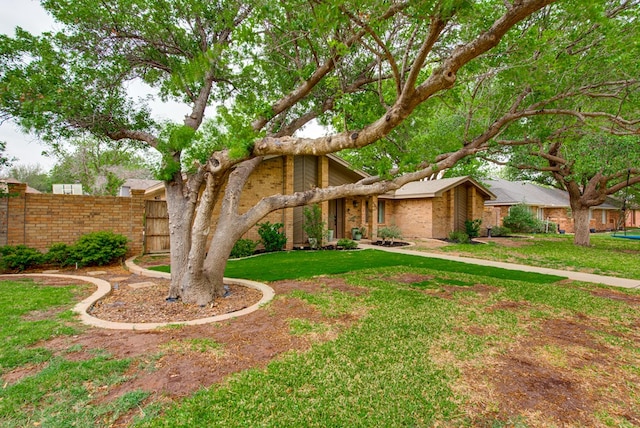 mid-century home featuring fence and a front lawn