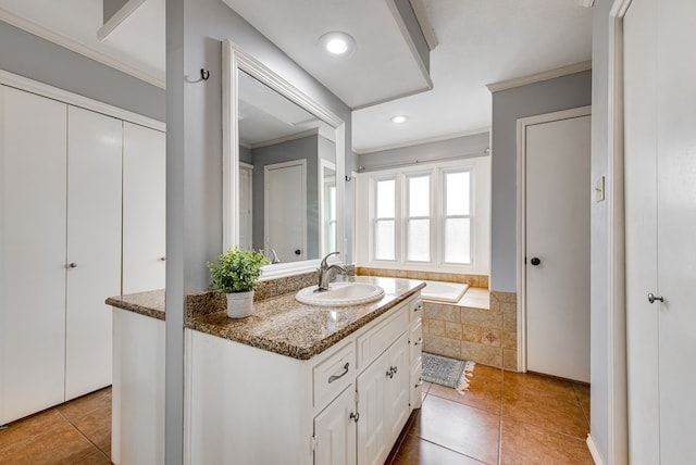 full bathroom with recessed lighting, ornamental molding, tile patterned flooring, and vanity