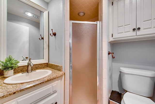 bathroom with a shower stall, toilet, and vanity