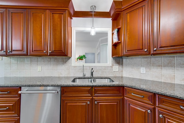 kitchen with a sink, dark stone countertops, tasteful backsplash, hanging light fixtures, and dishwasher