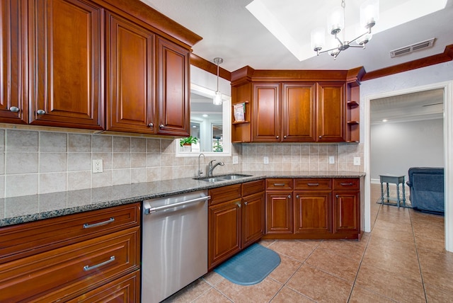 kitchen featuring open shelves, a sink, visible vents, light tile patterned flooring, and dishwasher