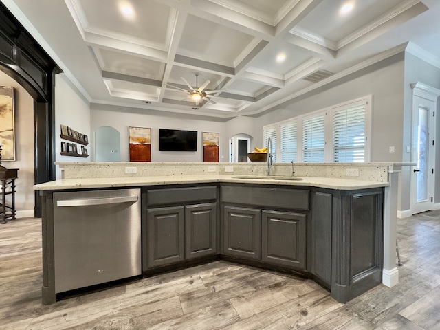 kitchen featuring dishwasher, light hardwood / wood-style floors, sink, ceiling fan, and coffered ceiling