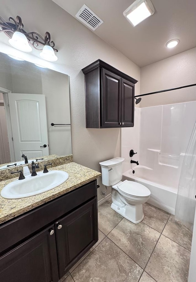 full bathroom featuring shower / bathing tub combination, vanity, toilet, and tile patterned flooring