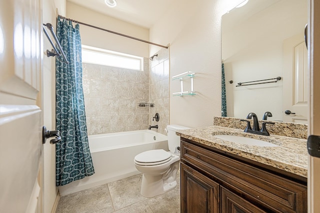 bathroom featuring toilet, shower / tub combo, tile patterned floors, and vanity