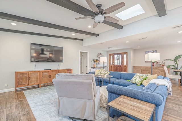 living room featuring light wood-style floors, visible vents, beamed ceiling, and baseboards