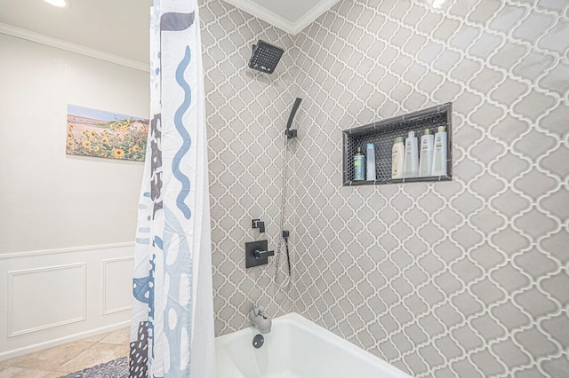 bathroom with wainscoting, tile patterned flooring, shower / bath combo with shower curtain, crown molding, and recessed lighting