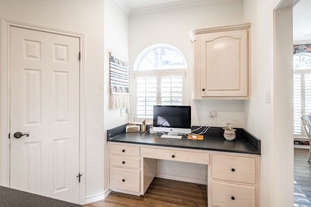 office space with dark hardwood / wood-style flooring and ornamental molding