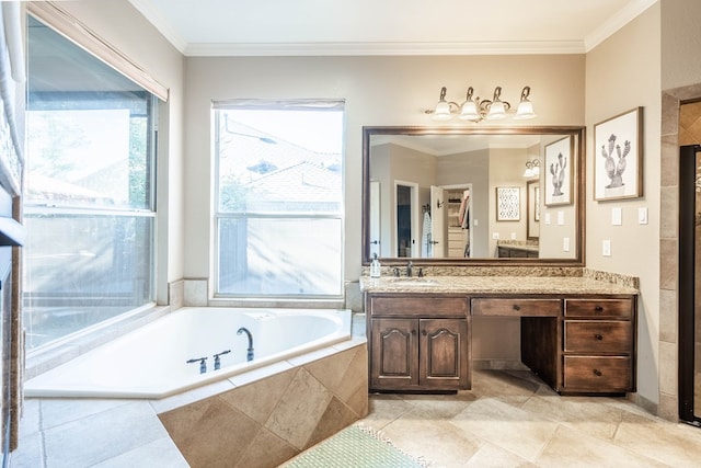 bathroom with ornamental molding, a relaxing tiled tub, and vanity