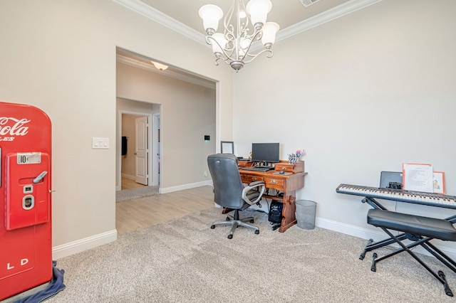 carpeted office space featuring a chandelier and ornamental molding