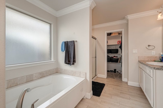 bathroom with vanity, crown molding, and separate shower and tub