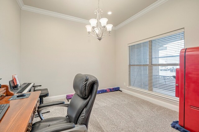 carpeted office space featuring ornamental molding, recessed lighting, a notable chandelier, and baseboards