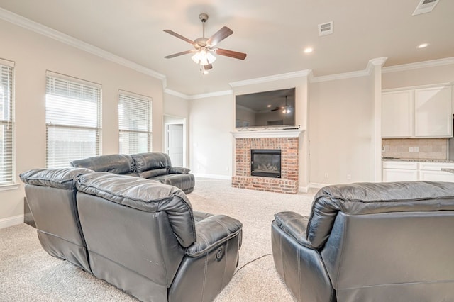 living room with visible vents, ceiling fan, and light colored carpet