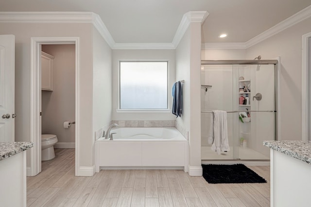 full bathroom featuring toilet, wood finished floors, a shower stall, and a bath