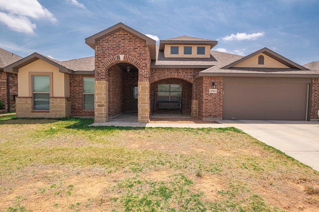 traditional-style home featuring a garage, brick siding, a shingled roof, and concrete driveway