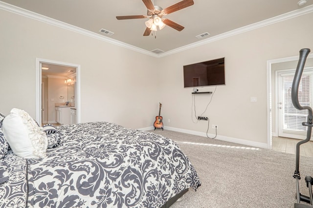 bedroom featuring baseboards, visible vents, ornamental molding, and carpet flooring