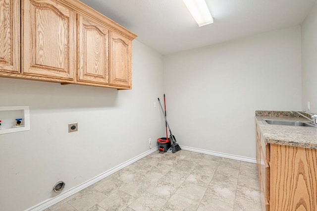 washroom featuring cabinets, sink, hookup for an electric dryer, and washer hookup