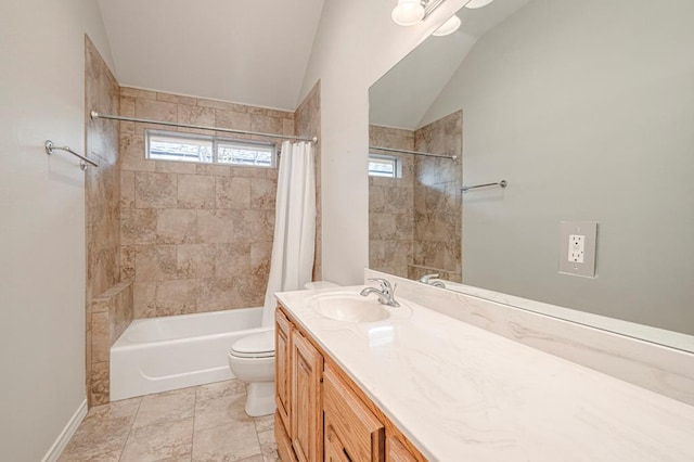 full bathroom with toilet, vanity, vaulted ceiling, and shower / bath combo with shower curtain