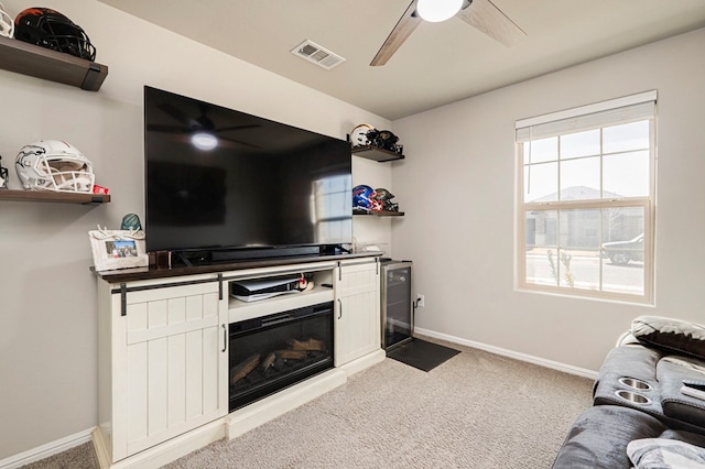 kitchen with carpet, visible vents, ceiling fan, and open shelves