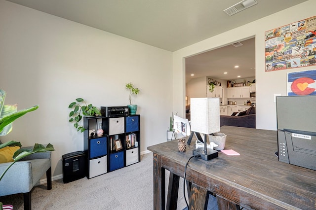 carpeted office with recessed lighting, visible vents, and baseboards