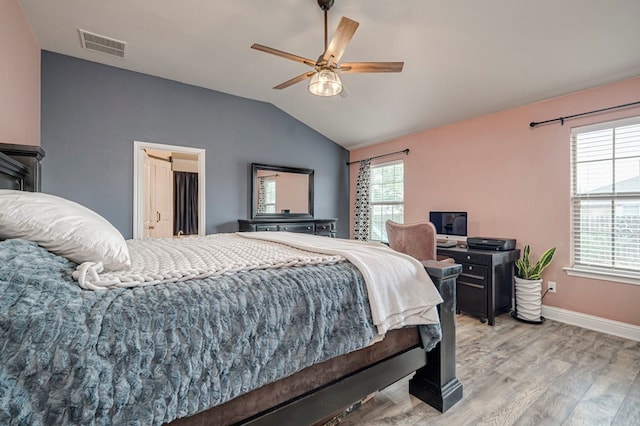 508 E Comiskey, Midland, TX 79706 - bedroom featuring vaulted ceiling, wood finished floors, baseboards, multiple windows, and ceiling fan