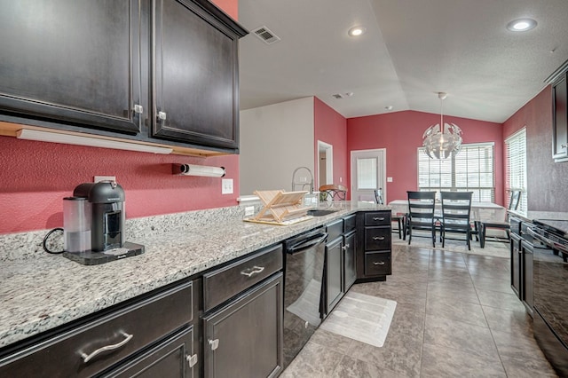508 E Comiskey, Midland, TX 79706 - kitchen featuring black appliances, vaulted ceiling, a chandelier, light stone counters, and a peninsula