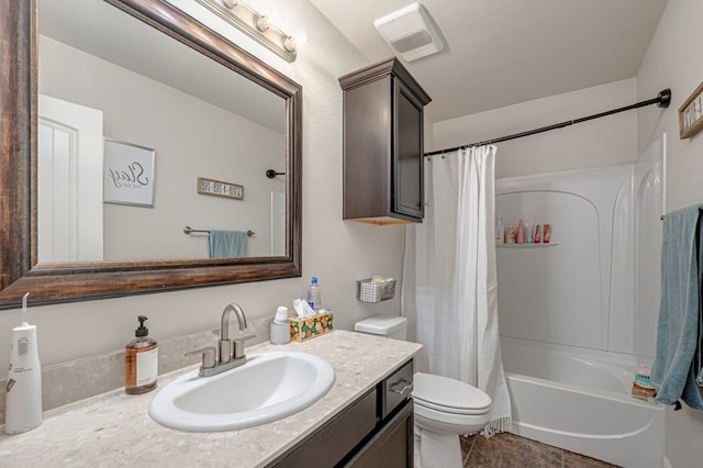 508 E Comiskey, Midland, TX 79706 - full bath with toilet, vanity, shower / bathtub combination with curtain, and tile patterned flooring