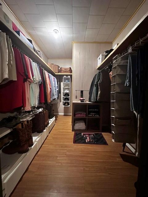 walk in closet with light hardwood / wood-style flooring