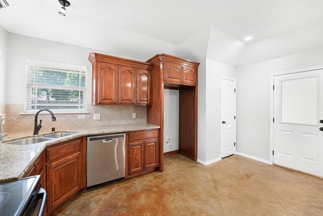 4910 Rio Grande Ave, Midland, TX 79707 - kitchen with dishwasher, light stone countertops, tasteful backsplash, and range with electric stovetop