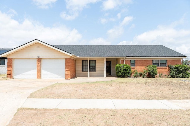 single story home with brick siding, an attached garage, concrete driveway, and roof with shingles