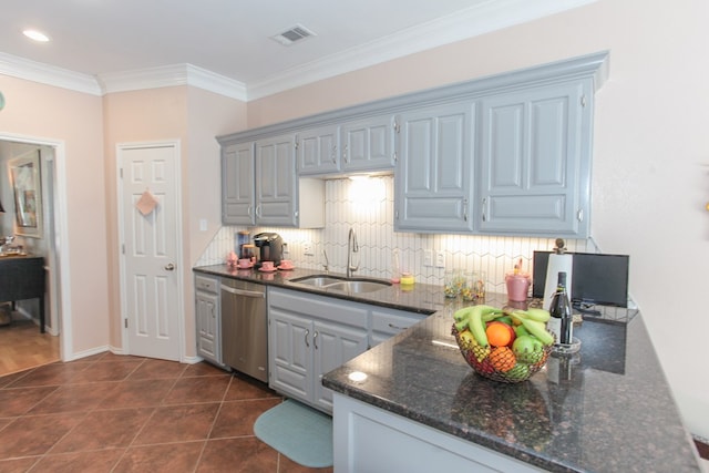 kitchen with tasteful backsplash, visible vents, stainless steel dishwasher, ornamental molding, and a sink