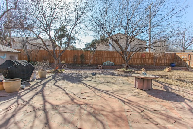 view of patio / terrace featuring a fenced backyard and grilling area